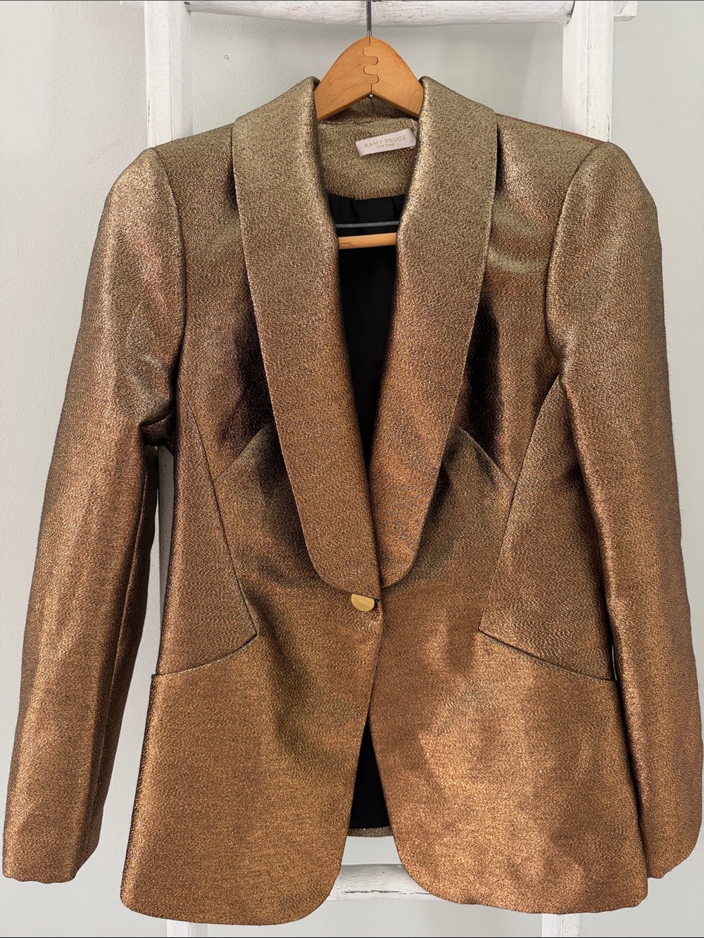 Ramy Brook Metallic Gold Dahlia Shawl-Collar one button Blazer size 8 - Picture 3 of 9